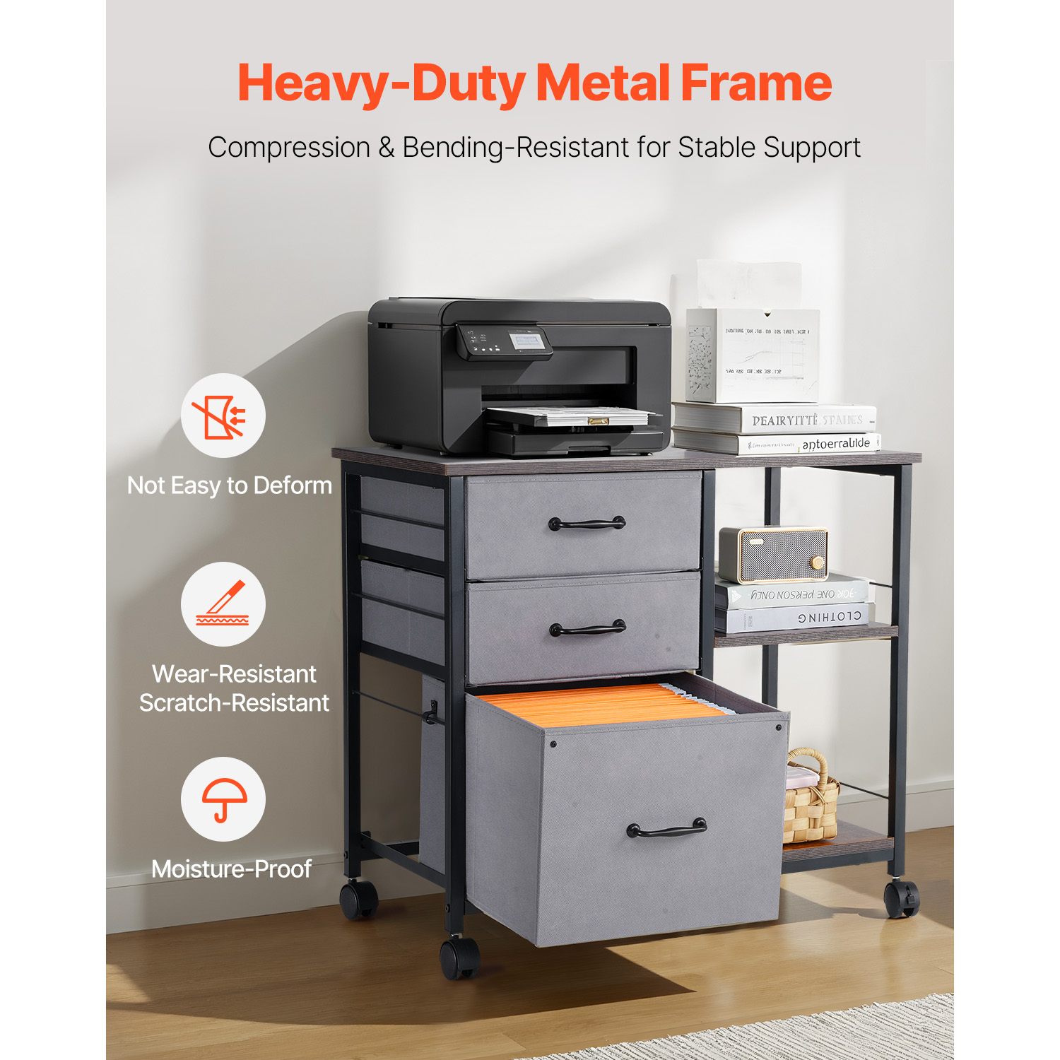 Mobile Metal File Cabinet With 3 Fabric Drawers And 2 Open Shelves Brown_maomaolike.com